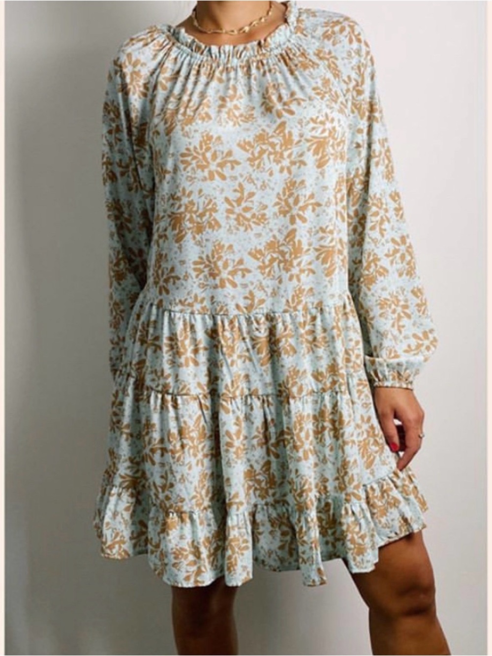 Ces Femme Blue and Tan Floral Long Sleeve Tiered Dress